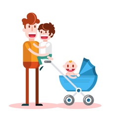 Young Boy with Their Sons and Baby Carriage. Isolated Flat Vector Illustration on White Background