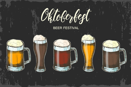 Vector Hand drawn beer glass with different kind of beers. Oktoberfest beer festival. Hand made lettering. Sketch.