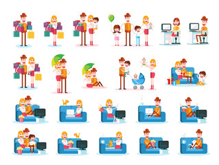 Set of Familiar People Scenes on White Background. Isolated Flat Vector Illustration
