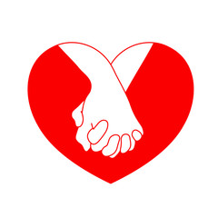 Holding hands on red heart. icon design in flat style. concept of supporting, you and me together. Vector illustration.