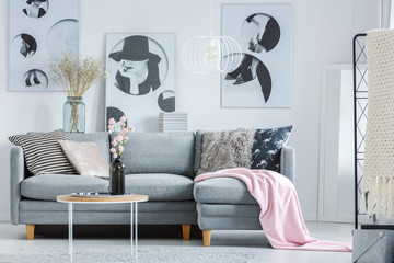 Pink blanket on grey sofa