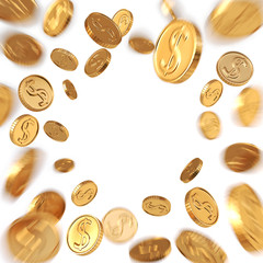 Realistic Gold coins explosion. Isolated on white background. 3d rendering.