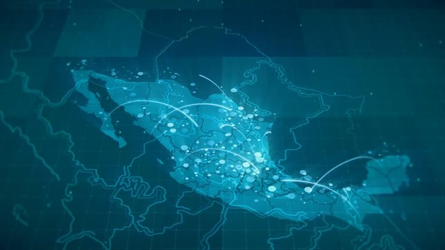 This animated blue Mexico map with connections between important centers of cities or other indicators. Perfect For: hi-tech promotion, dynamic slideshows,, trailers, sci-fi openers and etc.