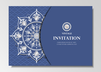 invitation card vintage design with diamond mandala pattern on blue background vector