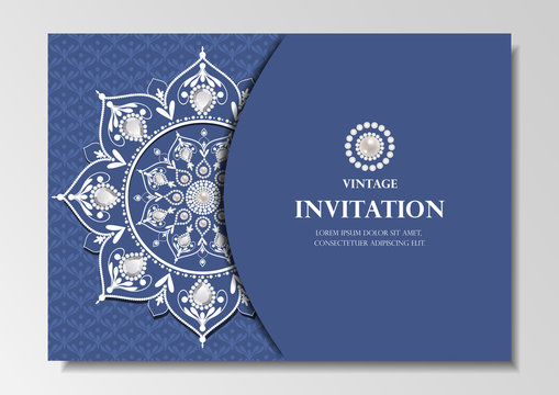 invitation card vintage design with diamond mandala pattern on blue background vector