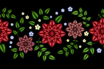 Embroidery horizontal colorful floral seamless pattern. Vector traditional folk dog roses and forget me not flowers ornament on black background.