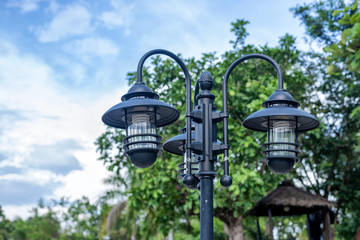 Fototapeta na wymiar street lamp, black lamp pole, pair of lamp