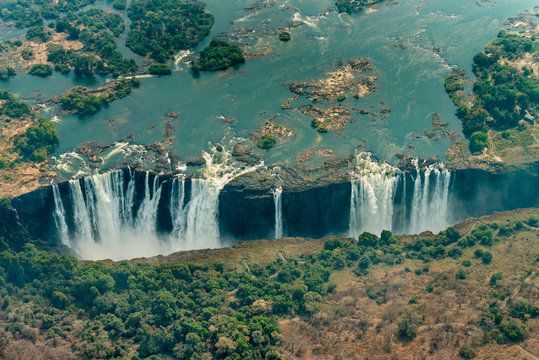 Victoria Falls In Zimbabwe At Drought, Aerial Shot