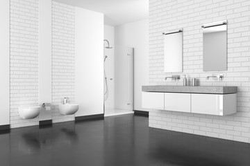Obraz na płótnie Canvas modern bathroom with white brick wall and dark floor