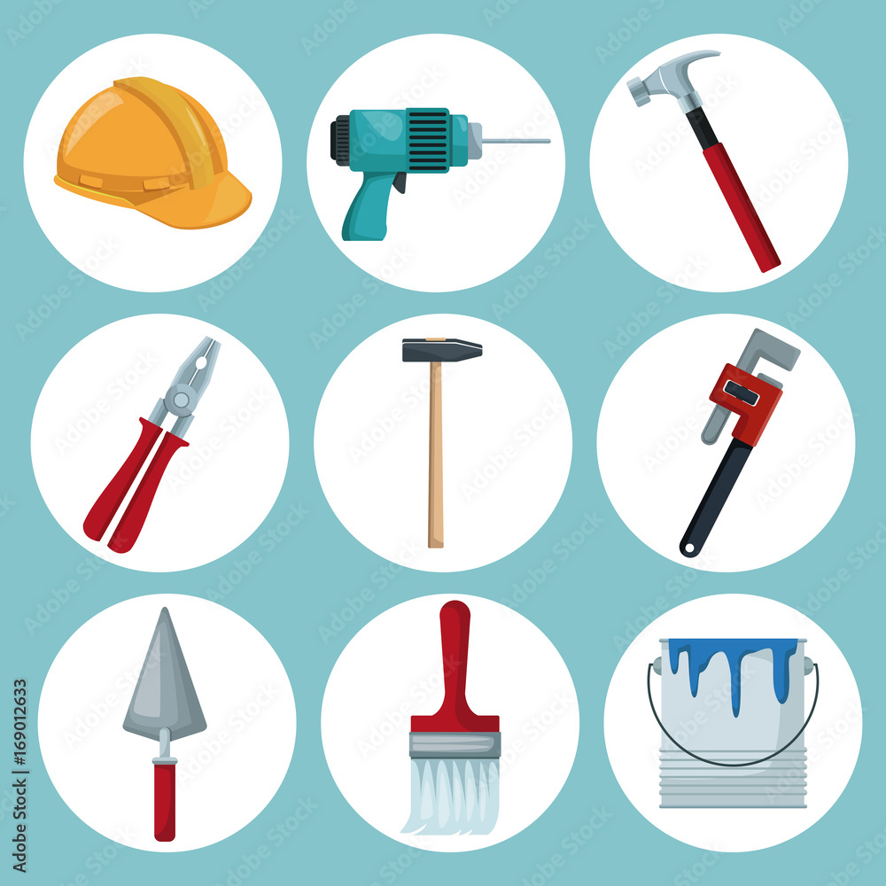 Poster color background with circular frames icons of tools contruction vector illustration