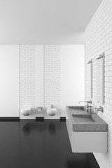 Fototapeta na wymiar modern bathroom with white brick wall and dark floor