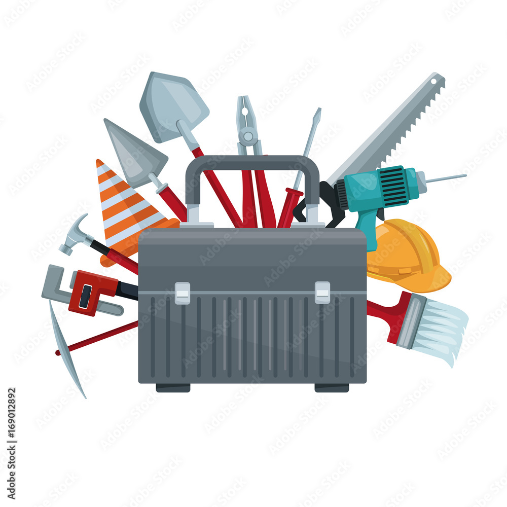 Poster white background with suitcase of tool with elements construction around vector illustration