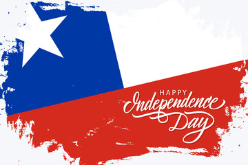 Chile Happy Independence Day greeting banner with chilean national flag brush stroke background and hand lettering text design. Vector illustration.