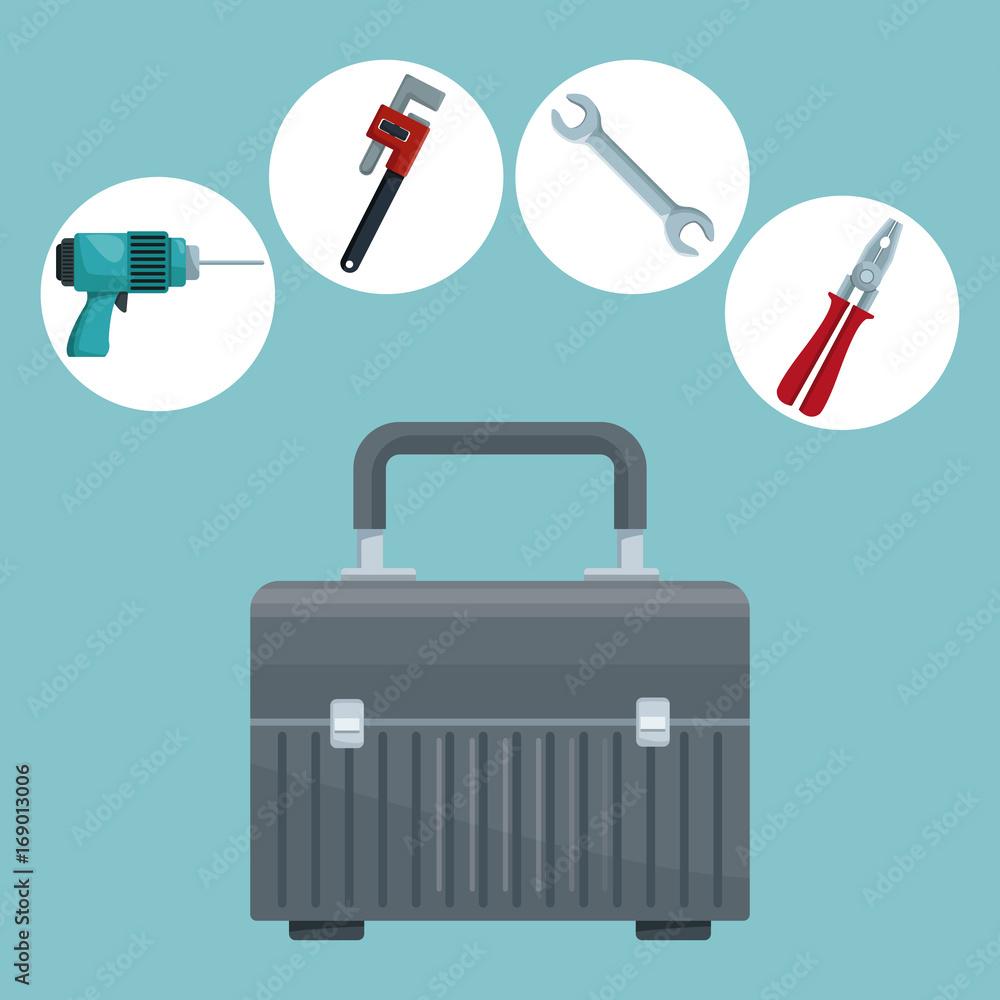 Poster color background with icons in circular frame elements contruction and closeup suitcase tools vector