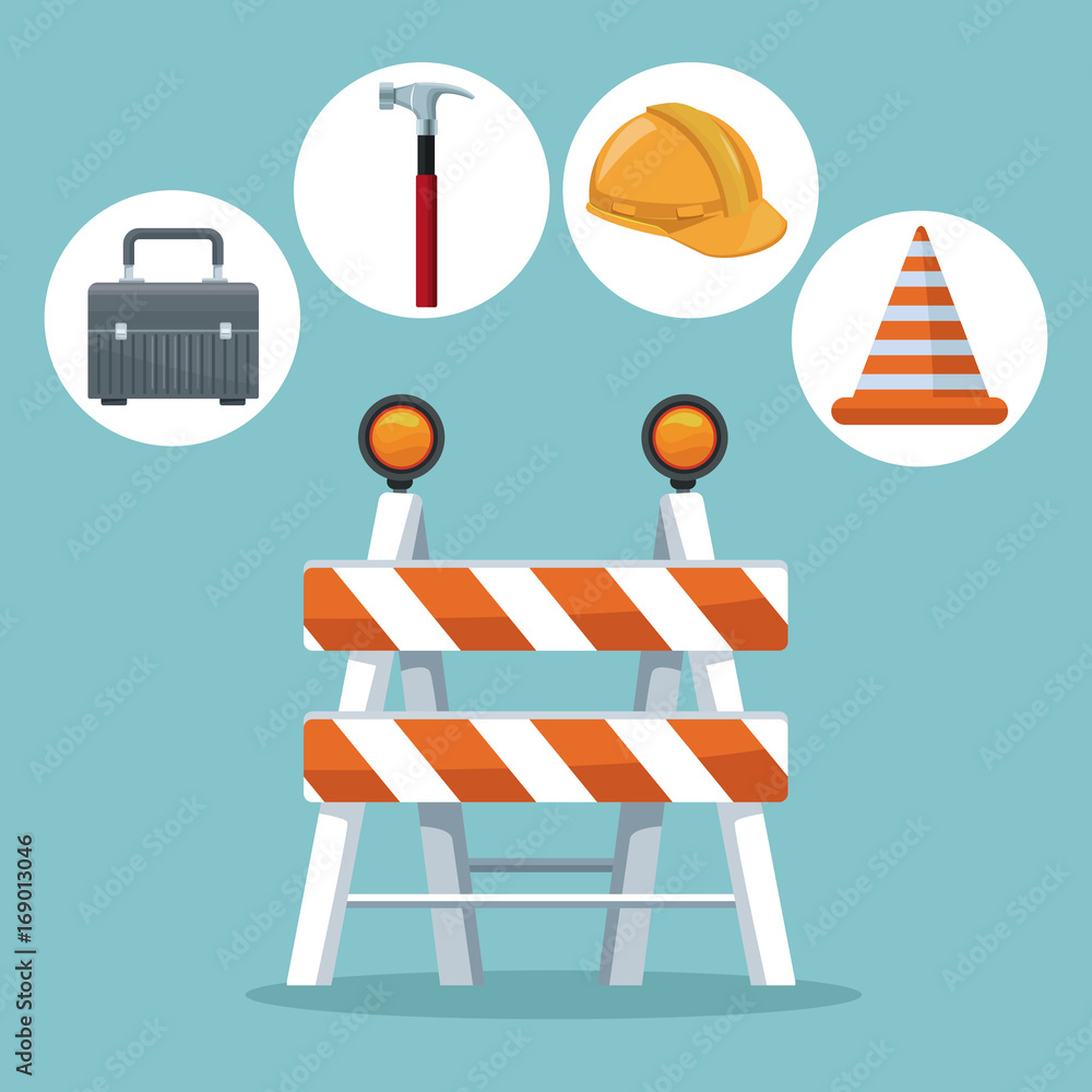 Poster color background with icons in circular frame elements contruction and closeup in center of traffic 