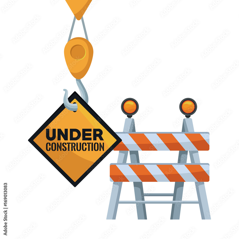 Poster white background with traffic barrier and crane hook holding a transit signal in diamond shape with 