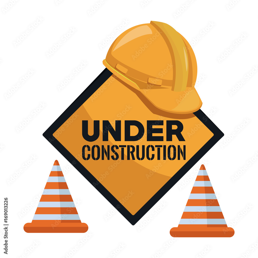 Poster white background with traffic signal text under construction and helmet and cones vector illustratio