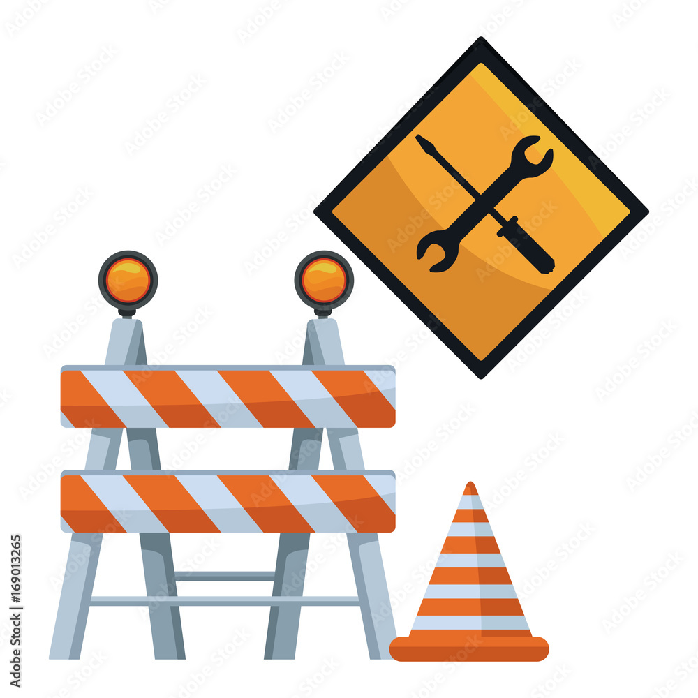 Poster white background with barricade and traffic signal with tools and cone of cosntruction vector illust