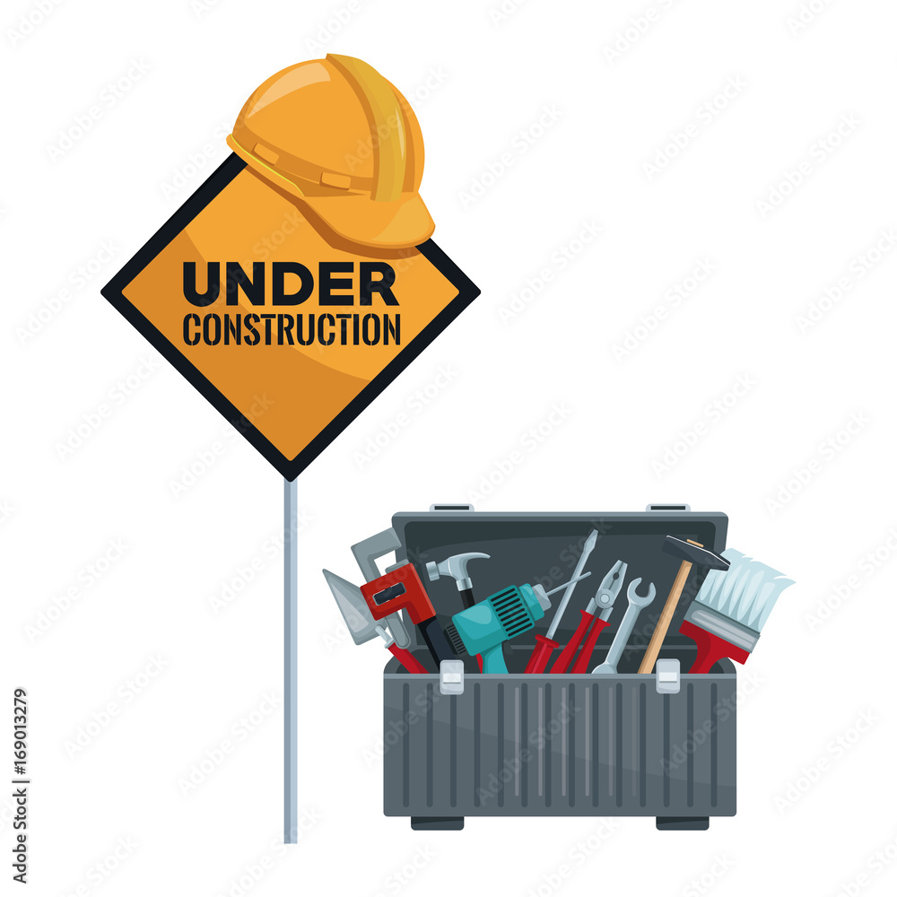 Poster white background with traffic signal in pole with helmet and under contruction text with toolbox vec