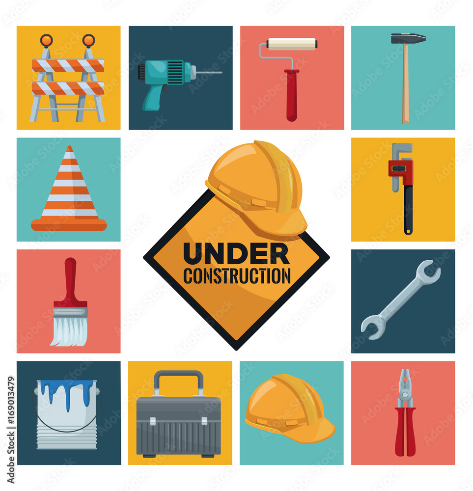 Poster color square buttons of tools with closeup traffic signal with hemlet and text under construction ve