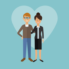 color background with heart shape of full body couple blonded man with glasses and executive woman in formal suit vector illustration