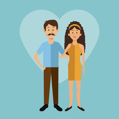 color background with heart shape of full body couple bearded man and woman in dress with bow lace vector illustration