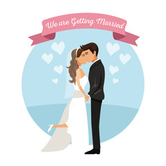 white background with color circular frame poster of newly married couple kissing vector illustration