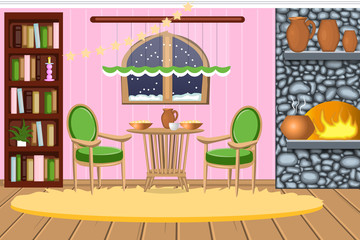 The interior of living room with fireplace. Winter evening, a cozy kitchen, dinner. Cartoon. Vector.