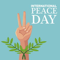 color poster hand victory symbol and olive branches crossed international peace day text vector illustration