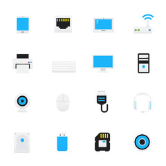 Computer Icons and Computer Accessories Icons. Set of Electronic and Devices Vector Illustration Color Icons Flat Style.