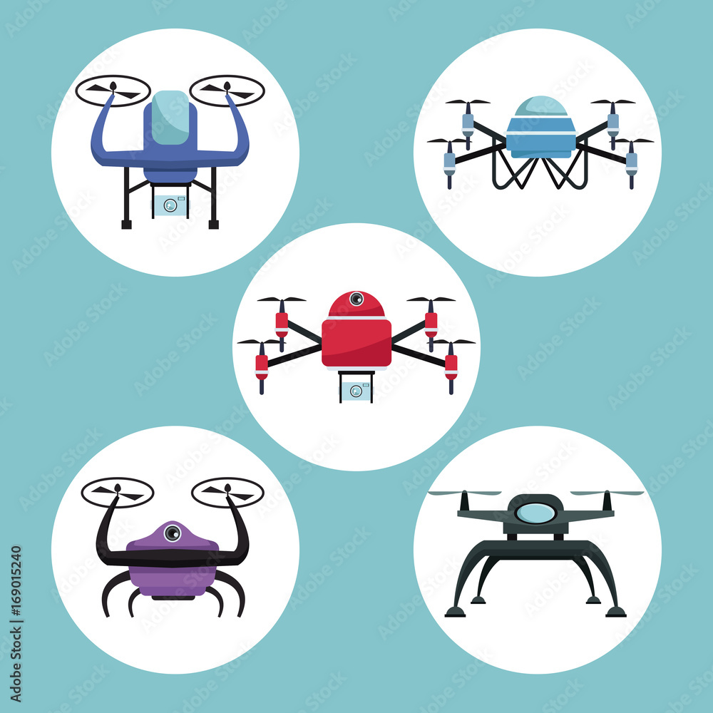 Poster color background with circular frame set icons of quadrocopters and drones vector illustration