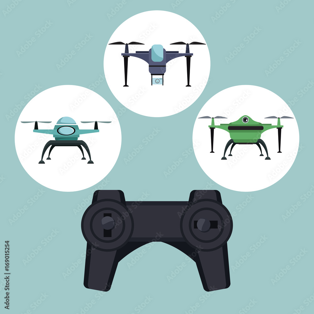 Poster color background with circular frame set icons of quadrocopters and drones with closeup remote control vector illustration