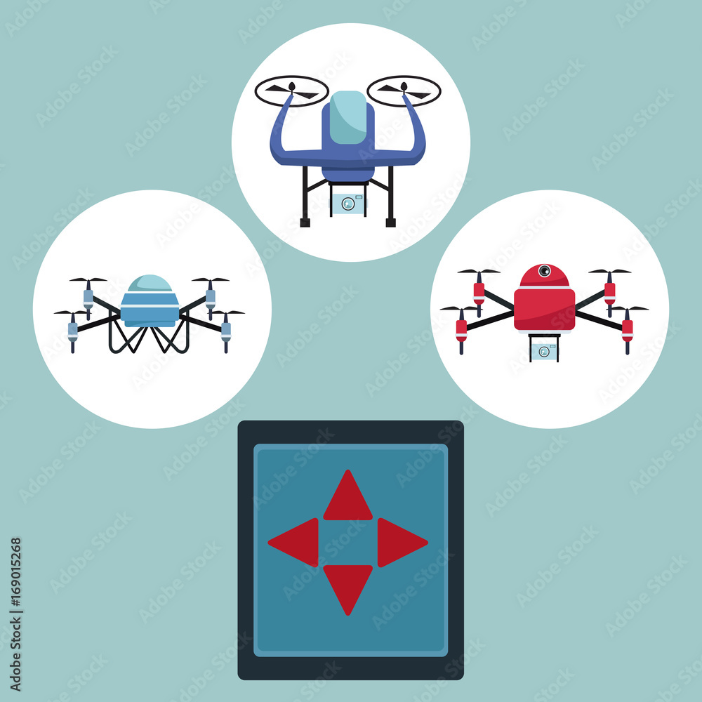 Poster color background with circular frame set icons of quadrocopters and drones with closeup remote control of tech device vector illustration