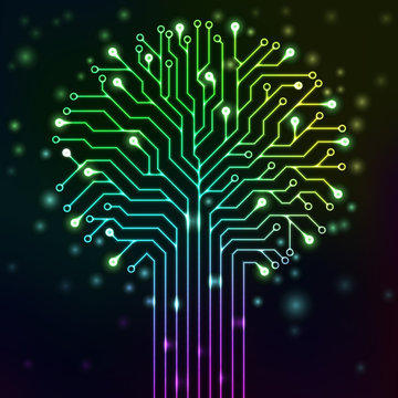 Circuit printed board in the shape of a tree with multicolor neon lights