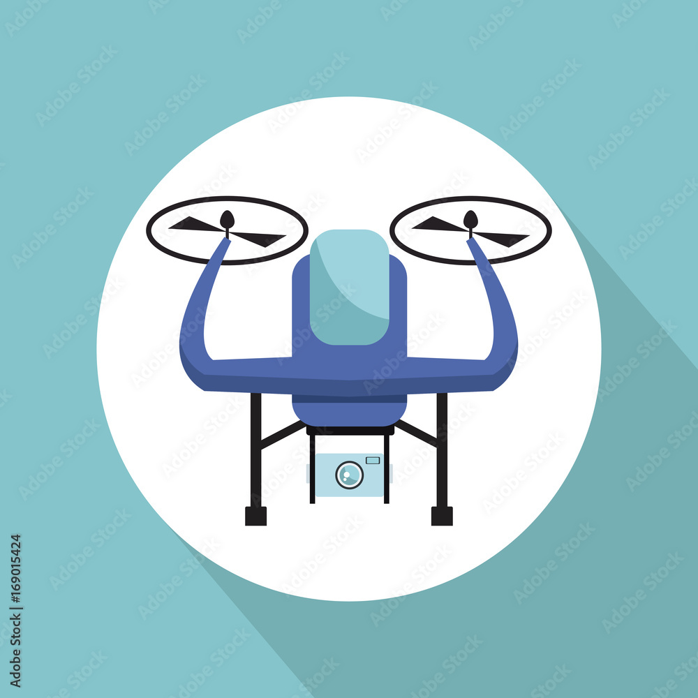 Poster color background with circular frame drone with two airscrew flying and device camera vector illustration