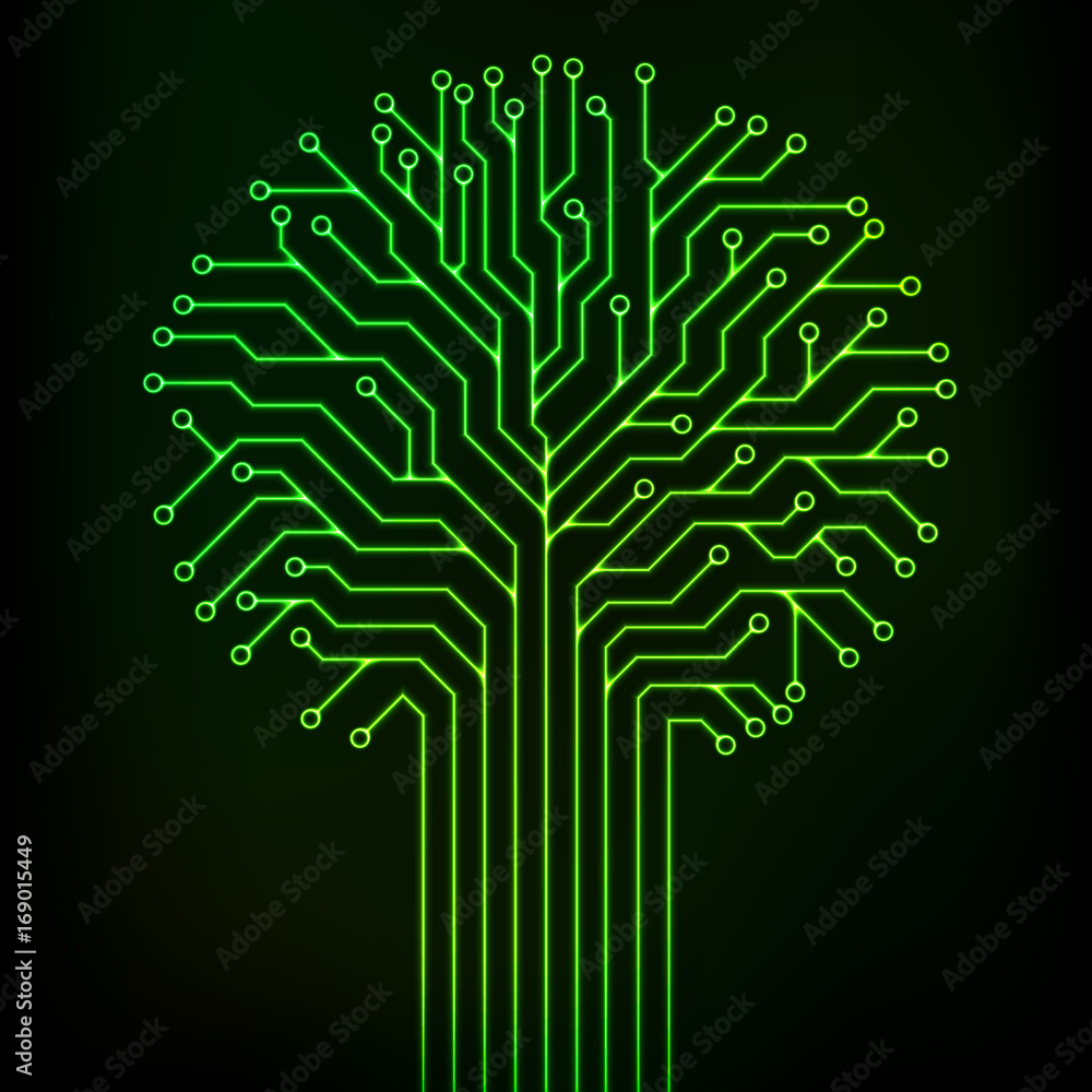 Poster circuit printed board in the shape of a tree with green neon lines