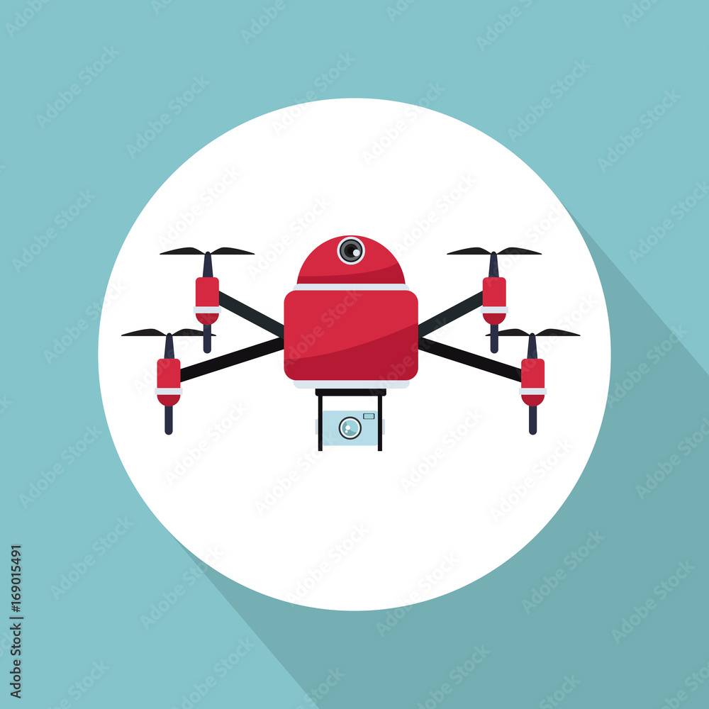 Poster color background with circular frame robot drone with four airscrew flying and camera vector illustration