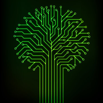 Circuit printed board in the shape of a tree with green neon lines