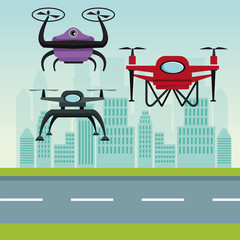 sky landscape with buildings and street scene with modern robot drones with two airscrew flying and base vector illustration