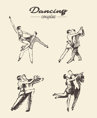 Fototapeta na wymiar Set dancing couples, hand drawn vector sketch