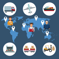Fototapeta premium color silhouette world map background with icons storage logistics and people location vector illustration