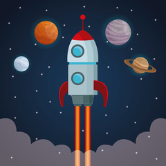color space landscape background with rocket taking off and view cosmos vector illustration