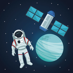 color space landscape background with astronaut and view neptune planet with satellite vector illustration