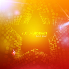 3D abstract orange mesh star background with circles, lens flares and glowing reflections. Vector illustration.