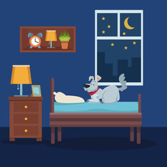 colorful scene pet dog over bed in room at night vector illustration