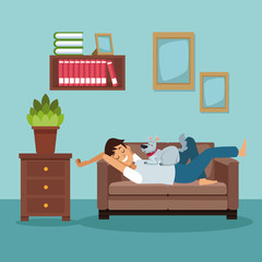 colorful scene man sleep in sofa with dog pet vector illustration
