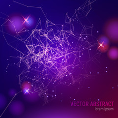 3D abstract purple mesh background with lines, lens flares and glowing reflections. Vector illustration.