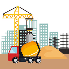 under construction mixer truck vehicle sand and crane building vector illustration