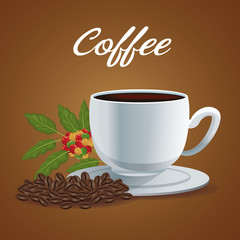color poster porcelain cup of coffee in dish with beans to side vector illustration