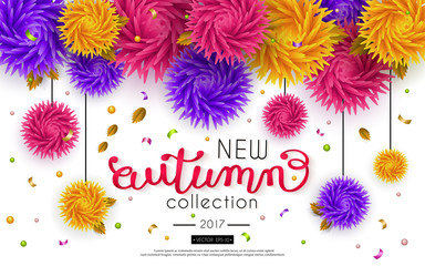 Autumn Sale. Advertising banner with text and voluminous flowers. Vector background